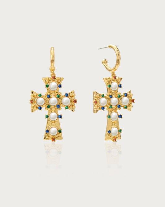 Lover of Helius Pearl Cross Earrings