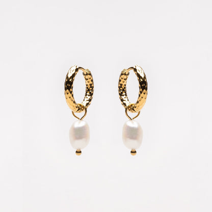 Hammered Pearl Hoop Earrings